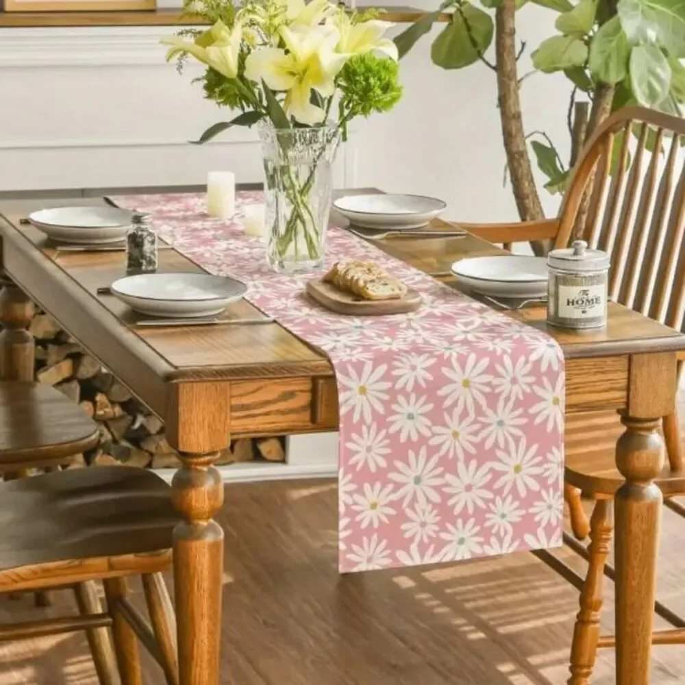Table Runner 13x72in Woven Polyester Pink Daisies Spring Floral